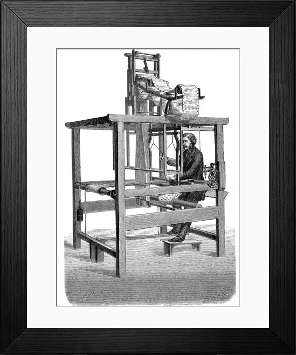 Framed Print : Jacquard loom, with swags of punched cards from which pattern was woven, 1876 Framed Print : Jacquard loom, with swags of punched cards from which pattern was woven, 1876