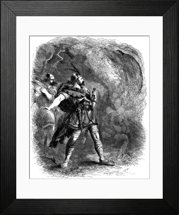 Framed Print : Macbeth and Banquo encountering the three witches, 1858. Artist: Sir John Gilbert Framed Print : Macbeth and Banquo encountering the three witches, 1858. Artist: Sir John Gilbert