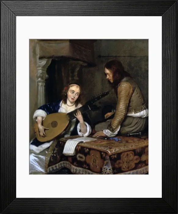 Framed Print : A Woman Playing the Theorbo-Lute and a Cavalier, c1658. Artist: Gerard Terborch II Framed Print : A Woman Playing the Theorbo-Lute and a Cavalier, c1658. Artist: Gerard Terborch II