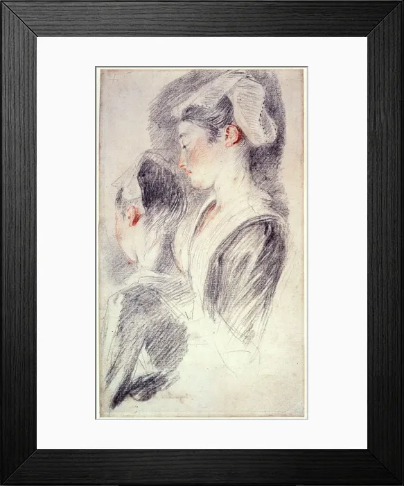 Framed Print : Two studies of a young womans head, 1716-18. Artist: Jean-Antoine Watteau