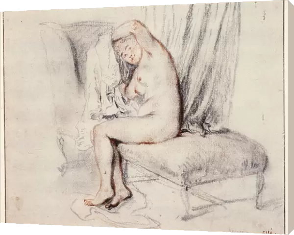Nude woman sitting on a chaise longue, putting on her shirt, 18th century. Artist: Jean-Antoine Watteau