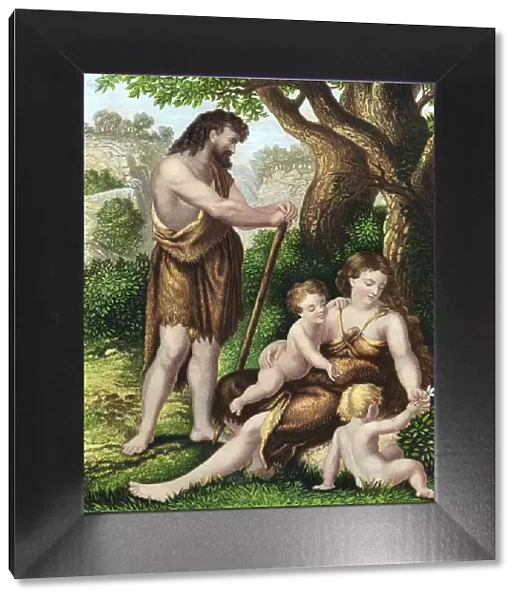 Adam and Eve with their sons, Cain and Abel, resting in the wilderness, c1860