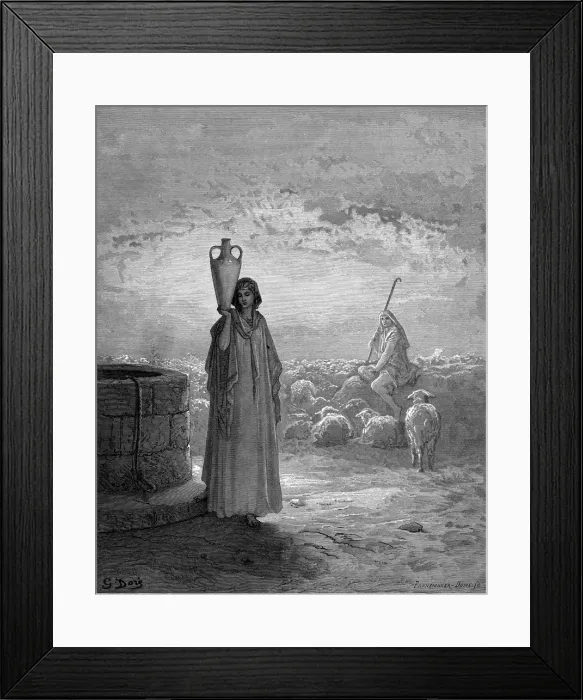 Framed Print : Jacob, keeping Labans flocks, sees Rachel at the well, 1866. Artist: Gustave Dore Framed Print : Jacob, keeping Labans flocks, sees Rachel at the well, 1866. Artist: Gustave Dore