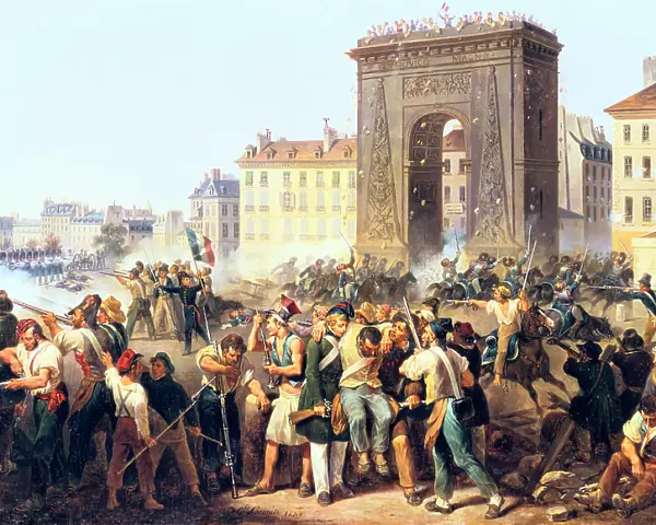 Battle at the Porte St Denis, 28th July, 1830, Paris. Artist: Hippolyte Lecomte