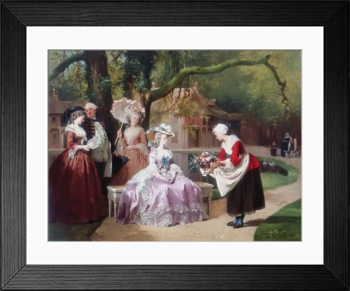 Framed Print : Empress Eugenie presented with bouquet by peasant girl. Artist: J Carand Framed Print : Empress Eugenie presented with bouquet by peasant girl. Artist: J Carand