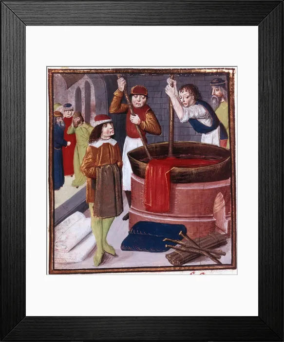 Framed Print : Dyers immersing bolt of cloth in vat of dye placed over a fire, 15th century Framed Print : Dyers immersing bolt of cloth in vat of dye placed over a fire, 15th century