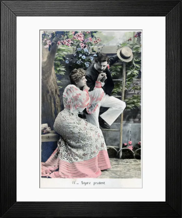 Framed Print : Be Careful, vintage French postcard, c1900 Framed Print : Be Careful, vintage French postcard, c1900
