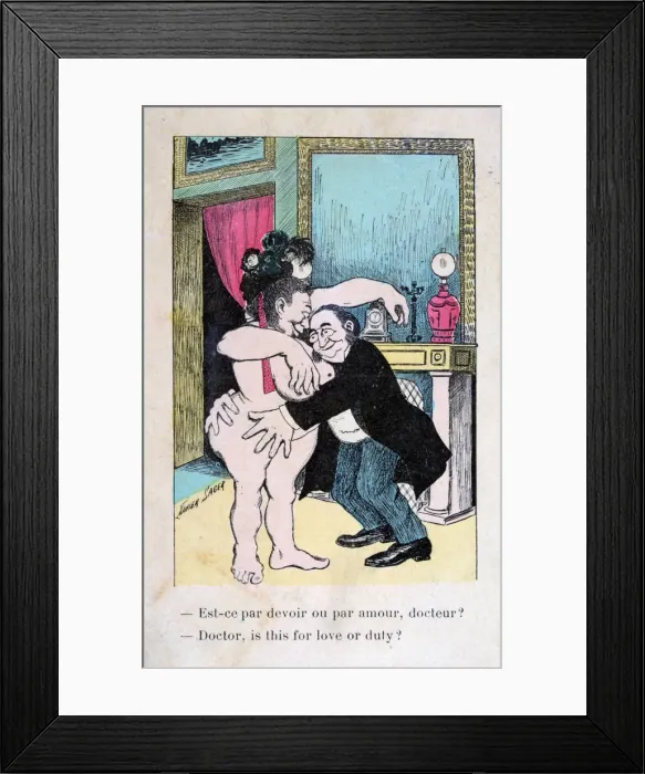 Framed Print : Doctor, is this for love or duty?, Vintage French postcard, c1900 Framed Print : Doctor, is this for love or duty?, Vintage French postcard, c1900