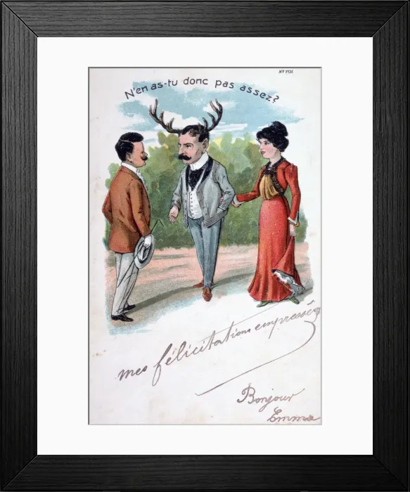 Framed Print : French adultery caricature postcard, c1900