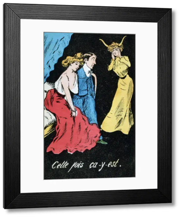 Framed Print : French adultery caricature postcard, c1900 Framed Print : French adultery caricature postcard, c1900