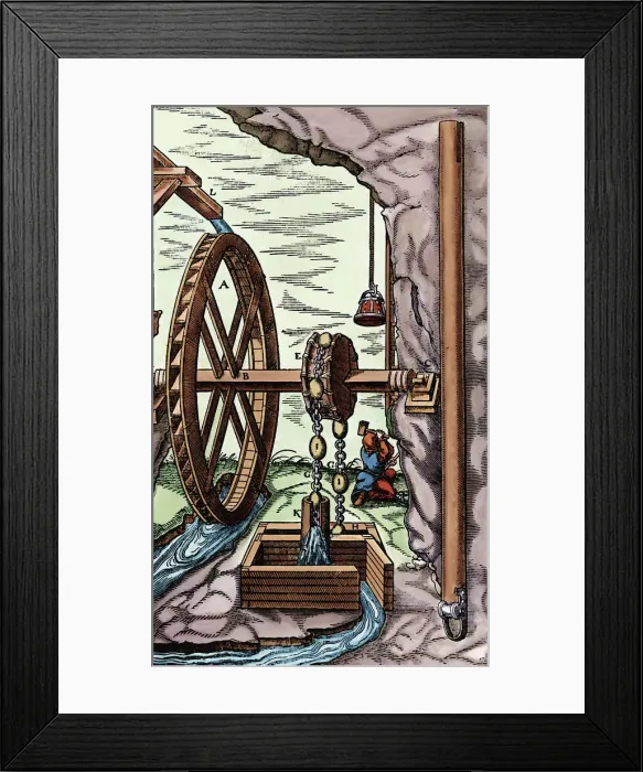 Framed Print : A mine being drained by a rag-and-chain pump powered by an overshot water wheel, 1556 Framed Print : A mine being drained by a rag-and-chain pump powered by an overshot water wheel, 1556
