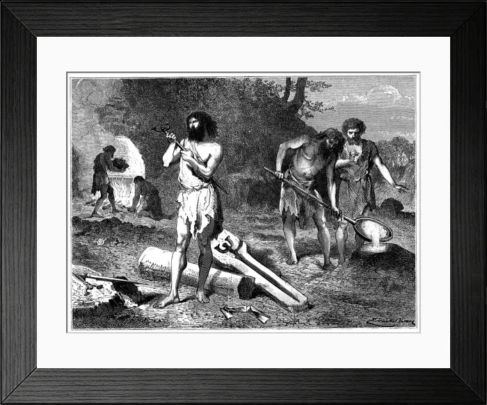 Framed Print : Artists reconstruction of casting weapons in the Iron Age, 1889 Framed Print : Artists reconstruction of casting weapons in the Iron Age, 1889