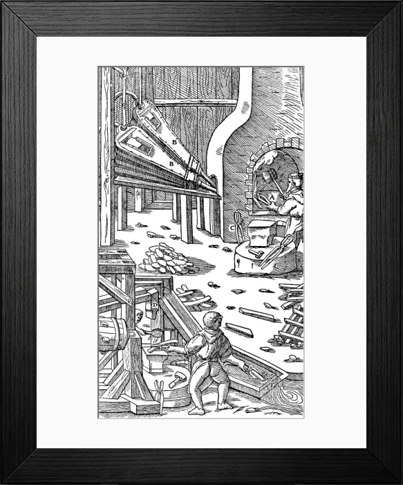 Framed Print : Steel production: a forge with bellows to produce draught, 1556 Framed Print : Steel production: a forge with bellows to produce draught, 1556