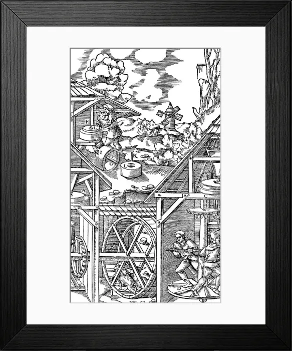 Framed Print : Crushing gold bearing ores in mills similar in principle to flour mills, 1556 Framed Print : Crushing gold bearing ores in mills similar in principle to flour mills, 1556