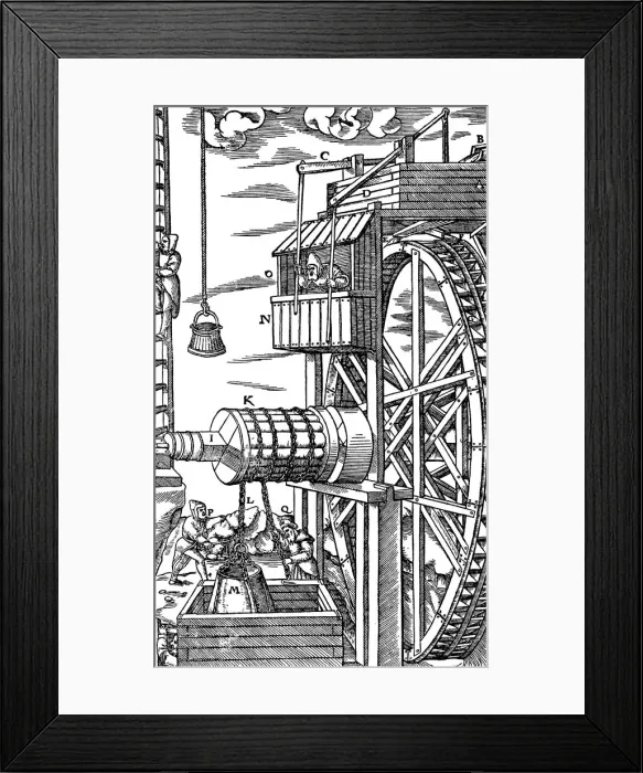 Framed Print : Reversible hoist for raising leather buckets from a mine shaft, 1556 Framed Print : Reversible hoist for raising leather buckets from a mine shaft, 1556