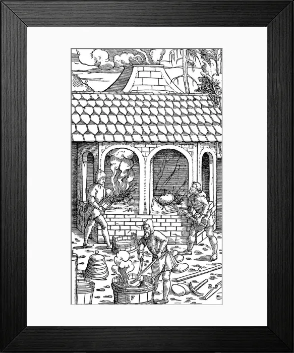 Framed Print : Refining copper: removing cakes of copper from the crucible and quenching in a tub of water, 1556 Framed Print : Refining copper: removing cakes of copper from the crucible and quenching in a tub of water, 1556
