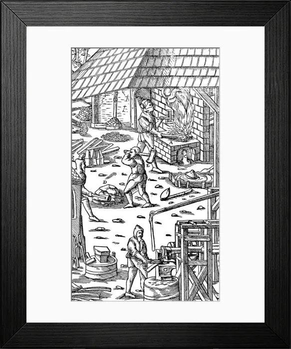 Framed Print : Smelting iron and hammering bars with a mechanical hammer, 1556 Framed Print : Smelting iron and hammering bars with a mechanical hammer, 1556