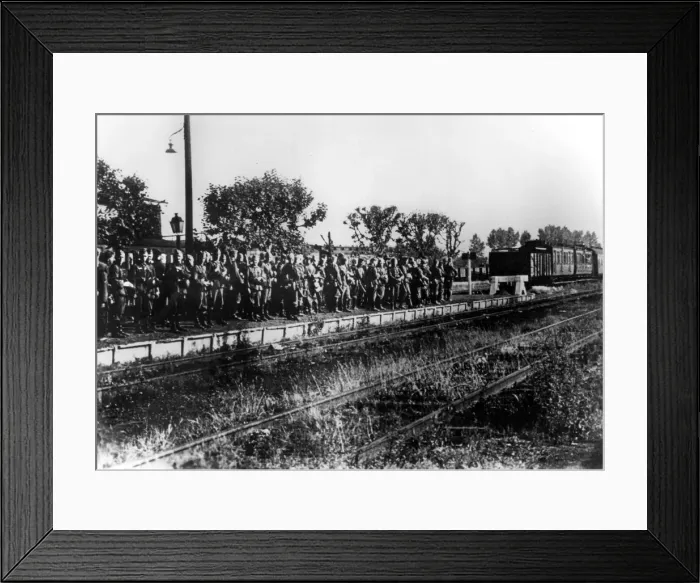 Framed Print : German soldiers on a railway platform awaiting transport, France, August 1940 Framed Print : German soldiers on a railway platform awaiting transport, France, August 1940