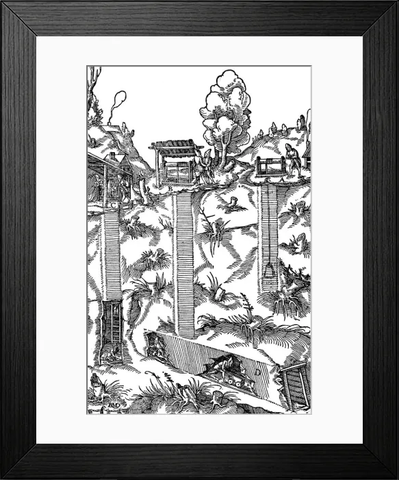 Framed Print : Sectional view of a mine showing shafts and galleries, 1556 Framed Print : Sectional view of a mine showing shafts and galleries, 1556