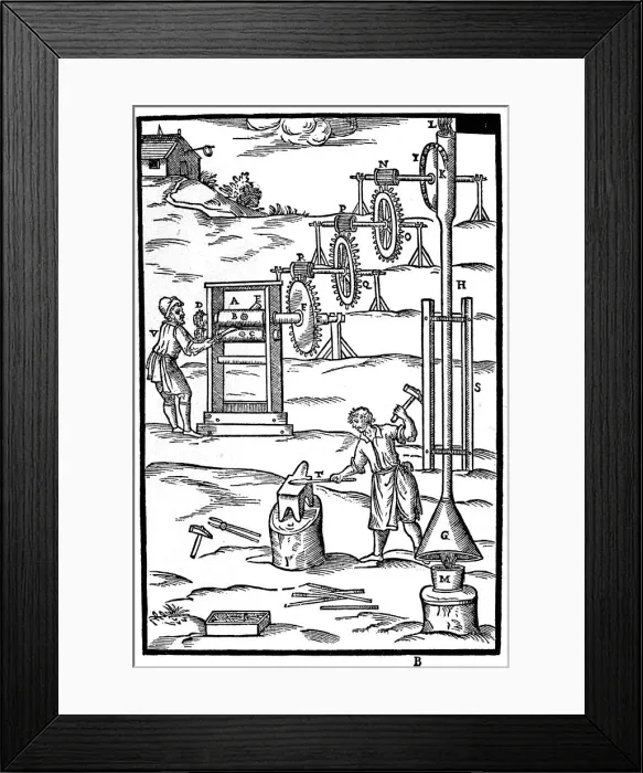 Framed Print : Rolling mill and forge powered by hot gases from a furnace, 1629 Framed Print : Rolling mill and forge powered by hot gases from a furnace, 1629