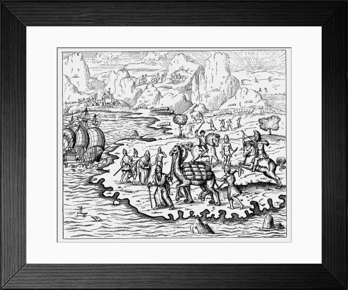 Framed Print : Merchants transporting goods to the coast and a waiting vessel by camel, 1575 Framed Print : Merchants transporting goods to the coast and a waiting vessel by camel, 1575