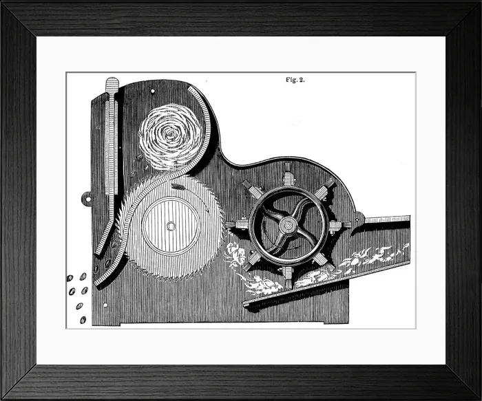 Framed Print : Cross-section of Eli Whitneys (1765-1825) saw-gin for cleaning cotton, 1865