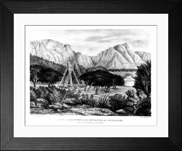 Framed Print : William Herschels 20ft telescope erected at Feldhausen, Cape of Good Hope, 1834-1838 (1847). Artist: G H Ford Framed Print : William Herschels 20ft telescope erected at Feldhausen, Cape of Good Hope, 1834-1838 (1847). Artist: G H Ford