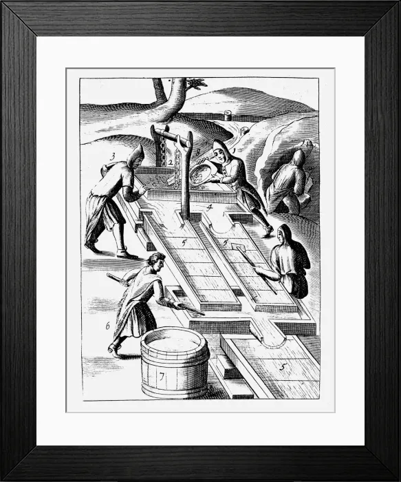 Framed Print : Washing ore to extract gold, 1683 Framed Print : Washing ore to extract gold, 1683