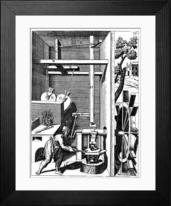 Framed Print : Forge with bellows driven by an undershot water wheel through cranks, 1673 Framed Print : Forge with bellows driven by an undershot water wheel through cranks, 1673