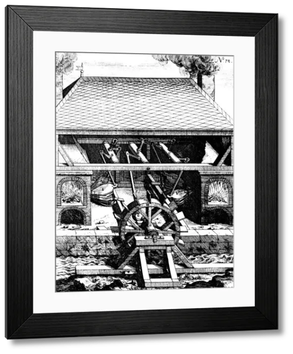 Framed Print : Forge with bellows driven by an undershot water wheel through cranks, 1673