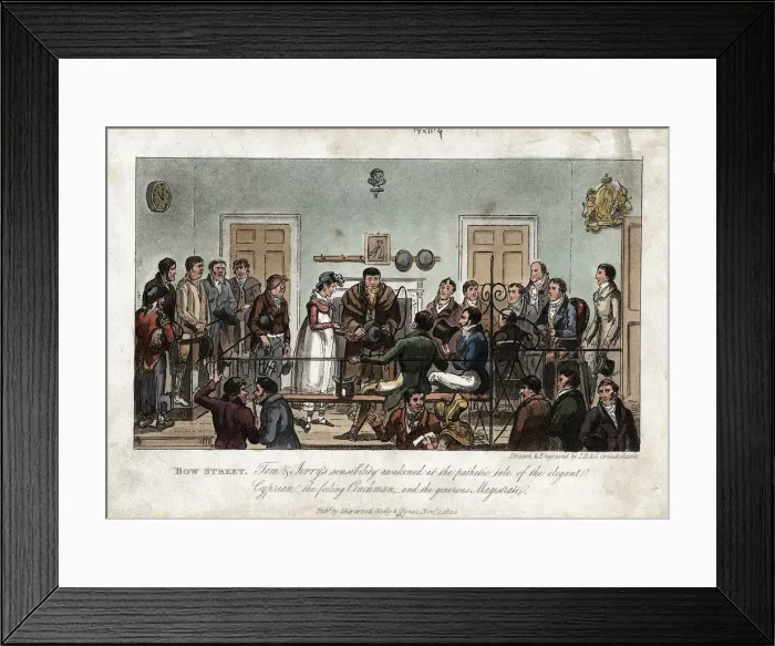 Framed Print : Tom and Jerry as observers in the Bow Street Magistrates Court, London, 1821. Artist: George Cruikshank Framed Print : Tom and Jerry as observers in the Bow Street Magistrates Court, London, 1821. Artist: George Cruikshank