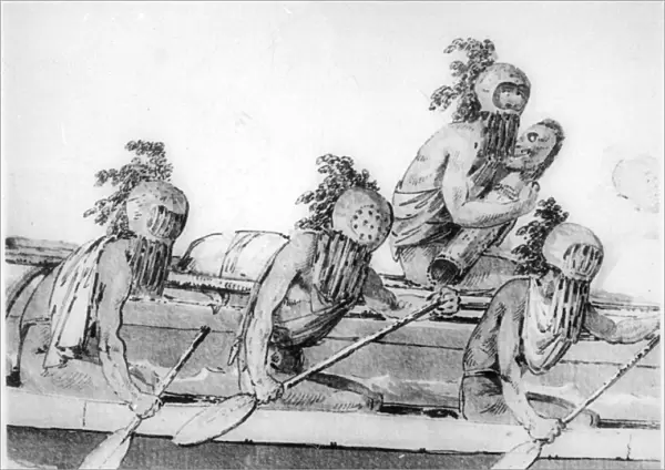 Double canoe with oarsmen, Hawaii, 18th century. Artist: John Webber