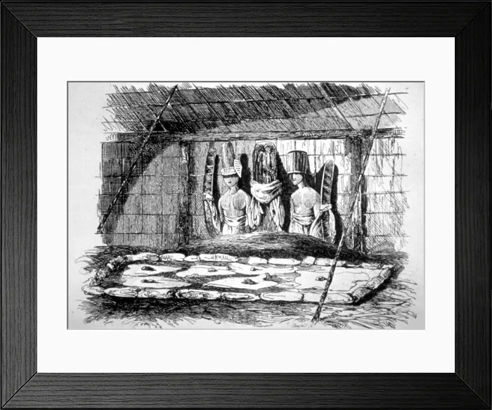 Framed Print : Inside of a Funeral Hut, Tahiti, 18th century. Artist: John Webber Framed Print : Inside of a Funeral Hut, Tahiti, 18th century. Artist: John Webber