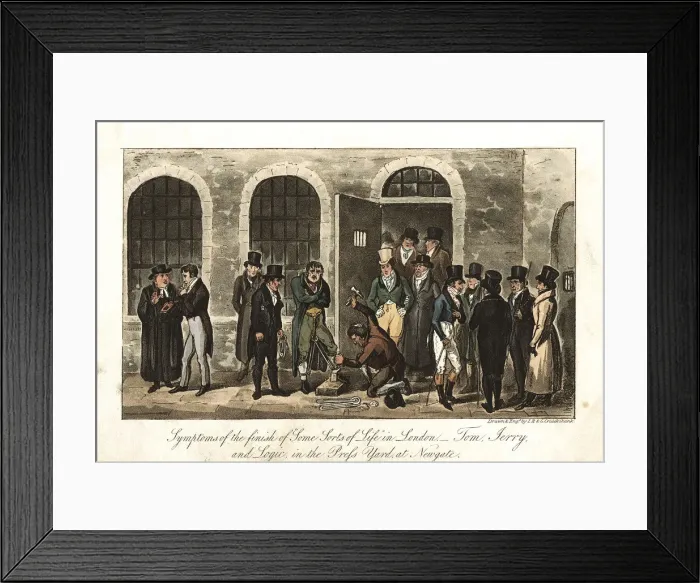 Framed Print : Tom, Jerry and Logic in the Press Yard, Newgate prison, London, 1821. Artist: George Cruikshank Framed Print : Tom, Jerry and Logic in the Press Yard, Newgate prison, London, 1821. Artist: George Cruikshank