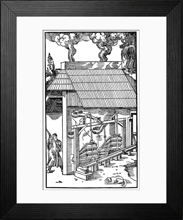 Framed Print : Bellows supplying draught to a smelting furnace, 1556 Framed Print : Bellows supplying draught to a smelting furnace, 1556