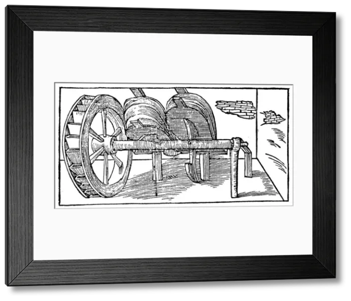 Framed Print : Bellows operated by a camshaft powered by a water wheel, 1540 Framed Print : Bellows operated by a camshaft powered by a water wheel, 1540