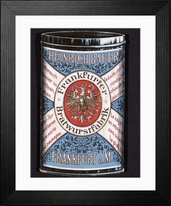 Framed Print : Trade card for tinned Frankfurters produced by Heinrich Bauer of Frankfurt am Main, Germany, c1895 Framed Print : Trade card for tinned Frankfurters produced by Heinrich Bauer of Frankfurt am Main, Germany, c1895