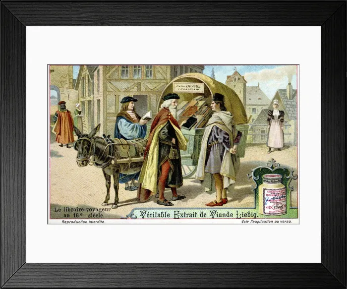 Framed Print : Itinerant 16th century bookseller with covered donkey cart full of books, late 19th century Framed Print : Itinerant 16th century bookseller with covered donkey cart full of books, late 19th century