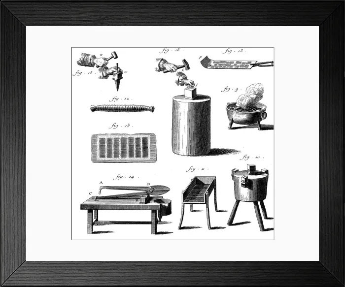 Framed Print : Needles: equipment for needle making from shears to cut wire (14) to polishing roll (13) Framed Print : Needles: equipment for needle making from shears to cut wire (14) to polishing roll (13)