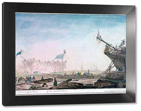 Launching a Ship at Brest, c1750-1810. Artist: Nicolas Marie Ozanne