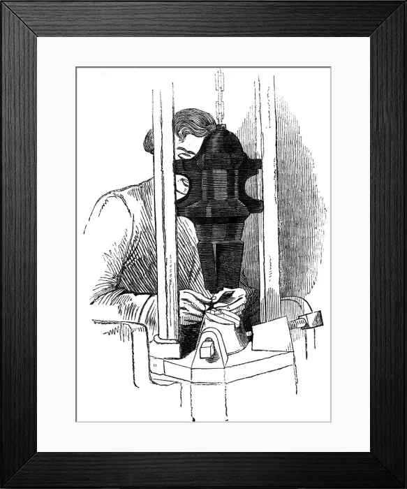Framed Print : Die-stamping the channel and eye position on needle wires, Redditch, England, c1835 Framed Print : Die-stamping the channel and eye position on needle wires, Redditch, England, c1835