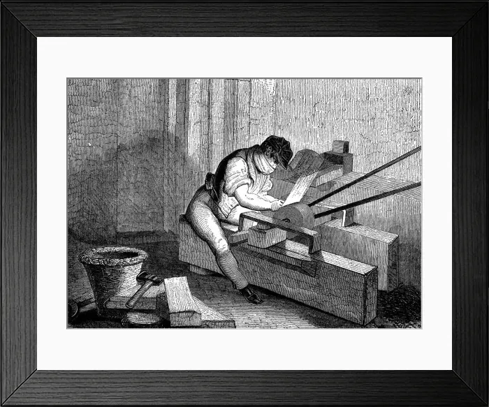 Framed Print : Grinding needle points, Redditch, England, c1830 Framed Print : Grinding needle points, Redditch, England, c1830