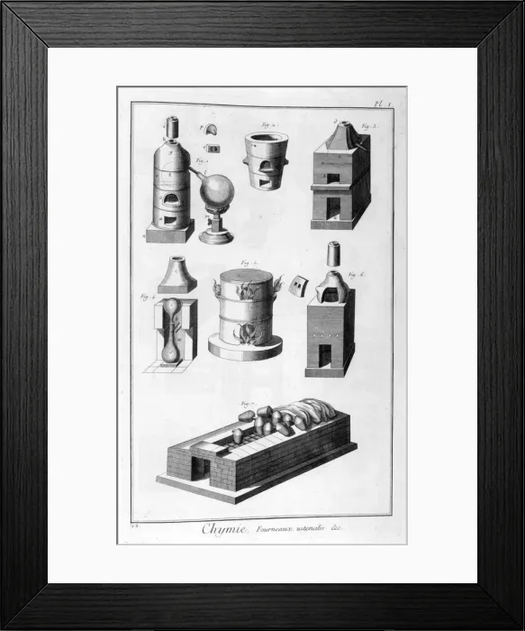 Framed Print : Chemistry, furnace utensils, 1751-1777. Artist: Denis Diderot Framed Print : Chemistry, furnace utensils, 1751-1777. Artist: Denis Diderot