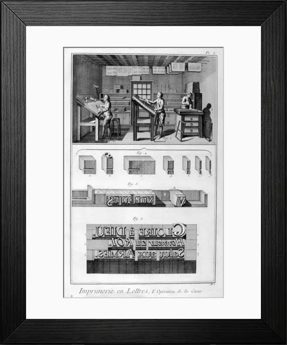 Framed Print : Interior of a Printing Works, type setting, 1751-1777. Artist: Denis Diderot Framed Print : Interior of a Printing Works, type setting, 1751-1777. Artist: Denis Diderot