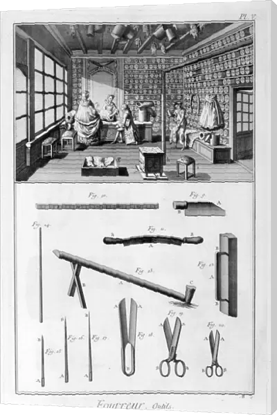 Furriers shop with muff-lined walls and pelts hung from the rafters, 1751-1777. Artist: Denis Diderot