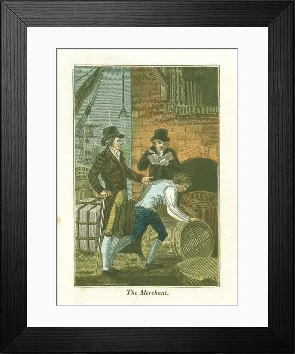 Framed Print : Merchant and his clerk at the dockside checking goods at a warehouse, 1823 Framed Print : Merchant and his clerk at the dockside checking goods at a warehouse, 1823