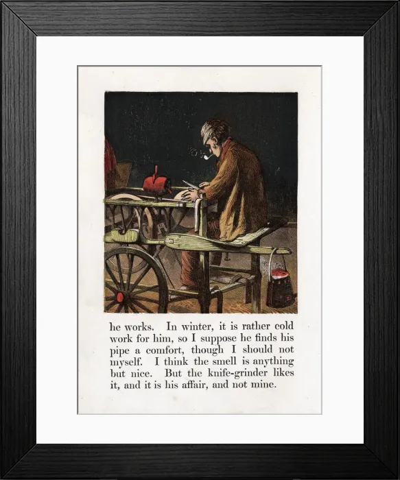 Framed Print : Itinerant knife grinder sharpening a blade by turning a grindwheel with a treadle, c1867 Framed Print : Itinerant knife grinder sharpening a blade by turning a grindwheel with a treadle, c1867