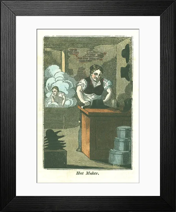 Framed Print : Hat Maker. Manufacture of beaver hats by felting material in a kettle 