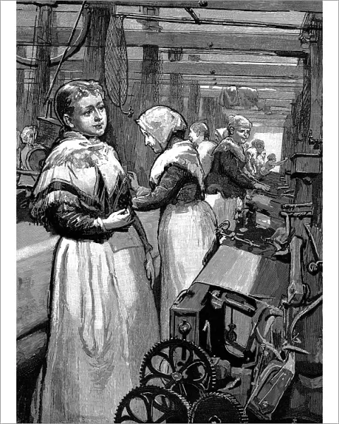 Women operatives tending power looms in a Yorkshire woollen mill, 1883