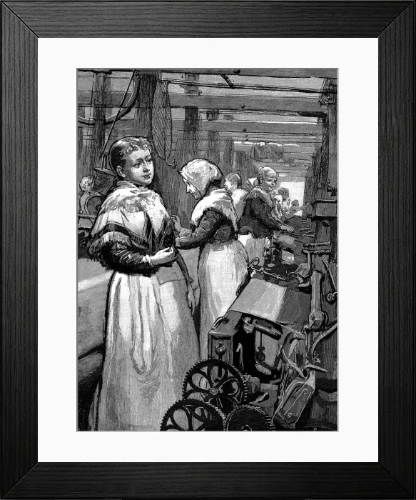 Framed Print : Women operatives tending power looms in a Yorkshire woollen mill, 1883 Framed Print : Women operatives tending power looms in a Yorkshire woollen mill, 1883
